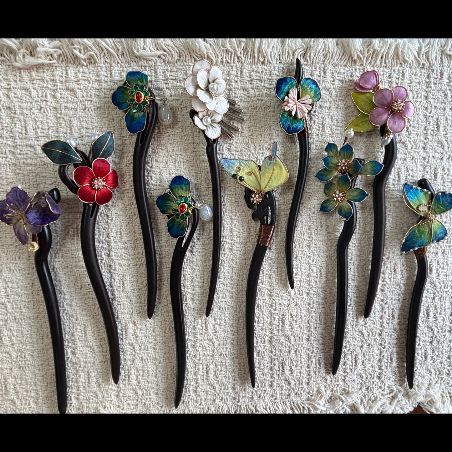 Handmade floral wooden hair stick by JOFAE Kyoto, elegant Japanese Kanzashi hair accessory with intricate floral design.
