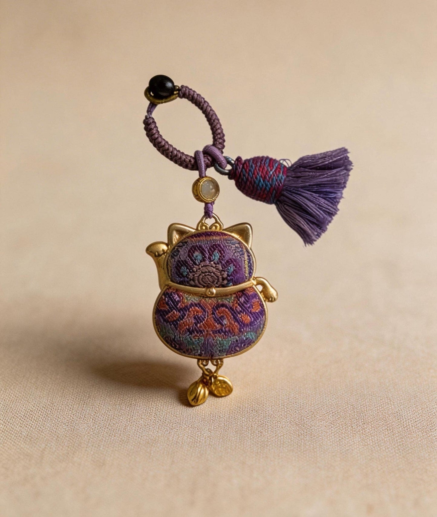 Maneki Neko Lucky Charm (Purple) – Kyoto Inspired Handmade Amulet – Symbol of Protection, Wisdom and Inner Balance – Artisan Japanese Craft