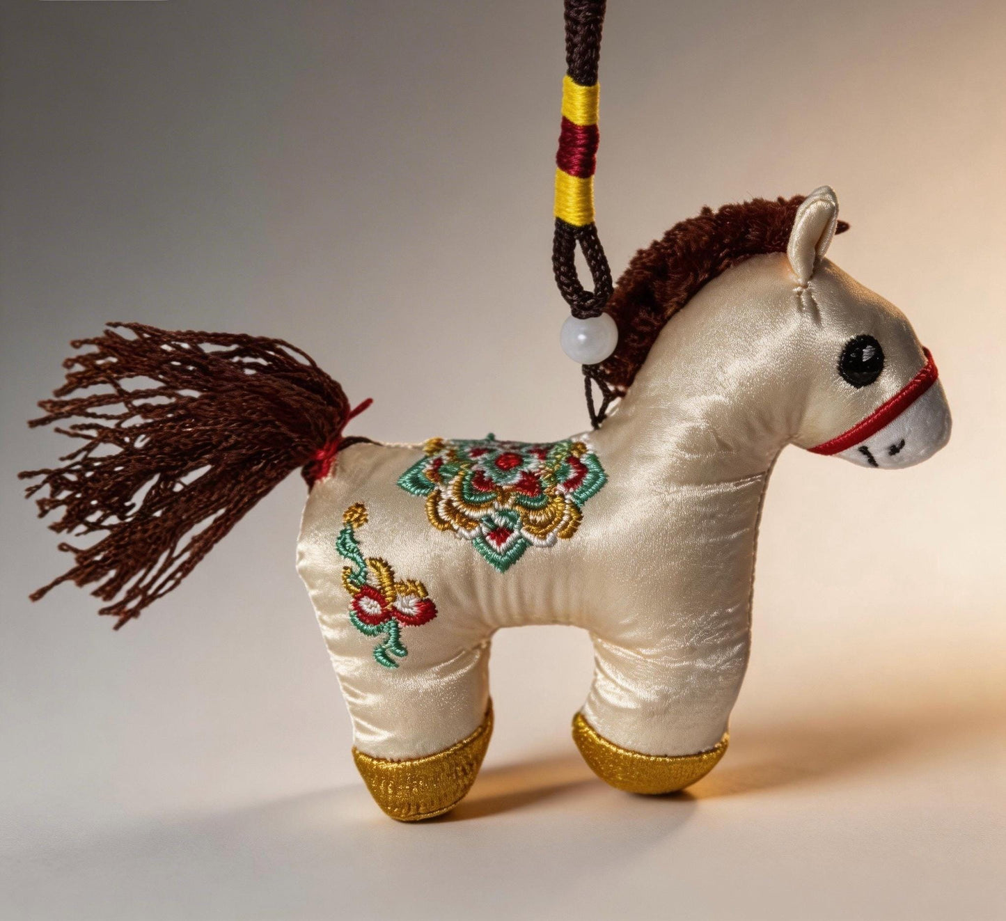 Lucky Horse Charm (Ivory) – Kyoto Inspired Handmade Amulet – Symbol of Safe Journey, Protection and Gentle Strength – Hand-Embroidered Traditional Japanese Craft