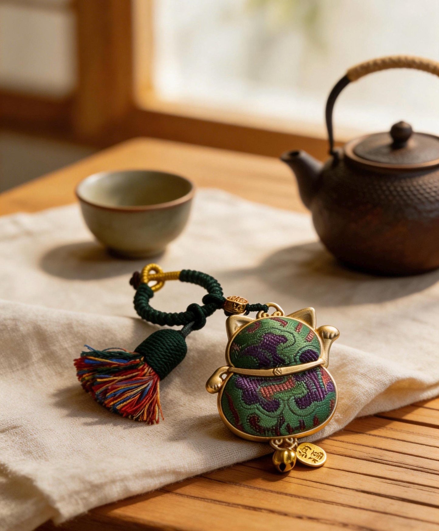 Maneki Neko Lucky Charm (Green) – Kyoto Inspired Handmade Amulet – Symbol of Harmony, Balance and Good Luck – Traditional Japanese Craft