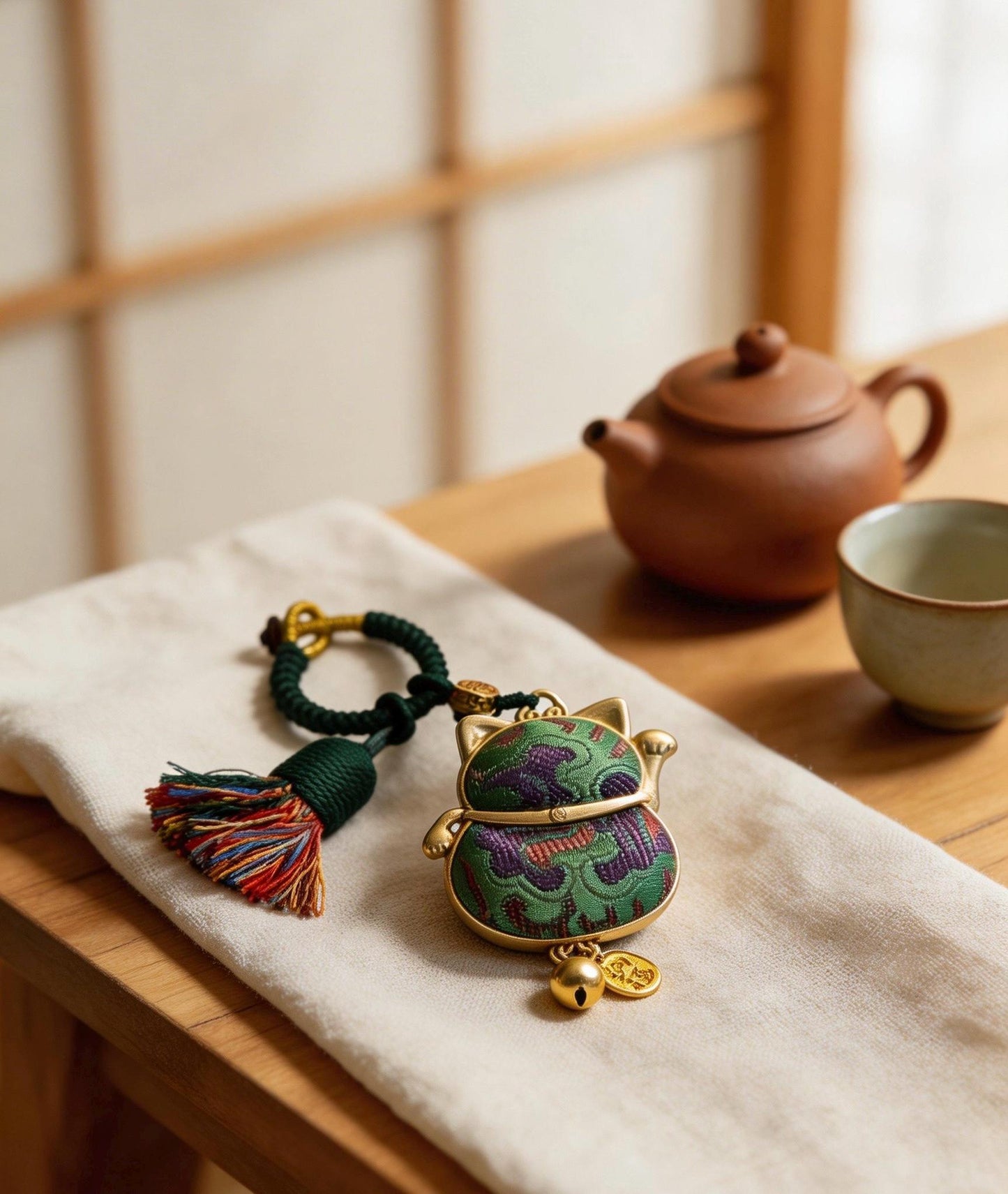 Maneki Neko Lucky Charm (Green) – Kyoto Inspired Handmade Amulet – Symbol of Harmony, Balance and Good Luck – Traditional Japanese Craft