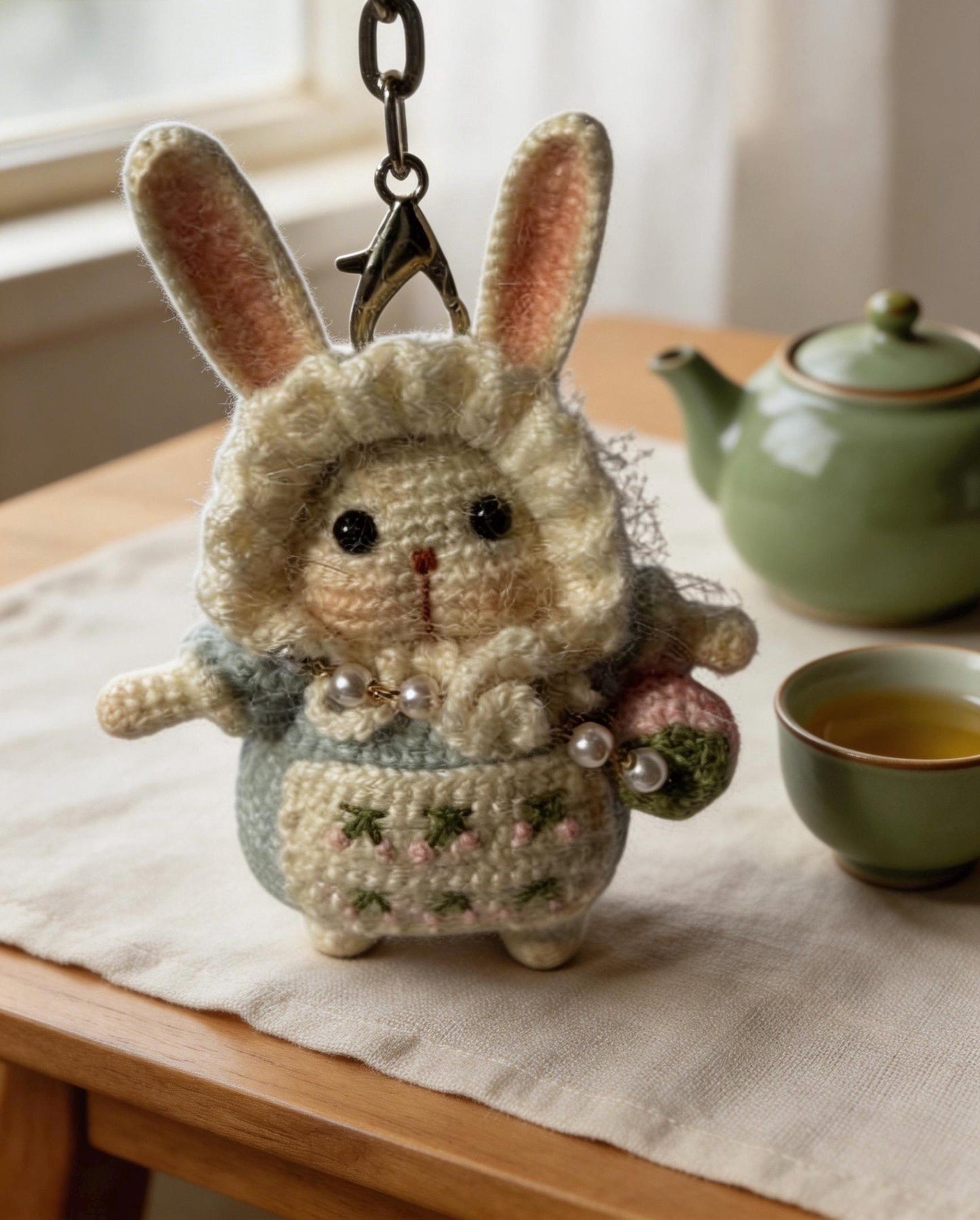Moon Rabbit Lucky Charm – Kyoto Inspired Handmade Amigurumi – Symbol of Peace, Protection and Gentle Luck – One of a Kind Artisan Crochet Piece