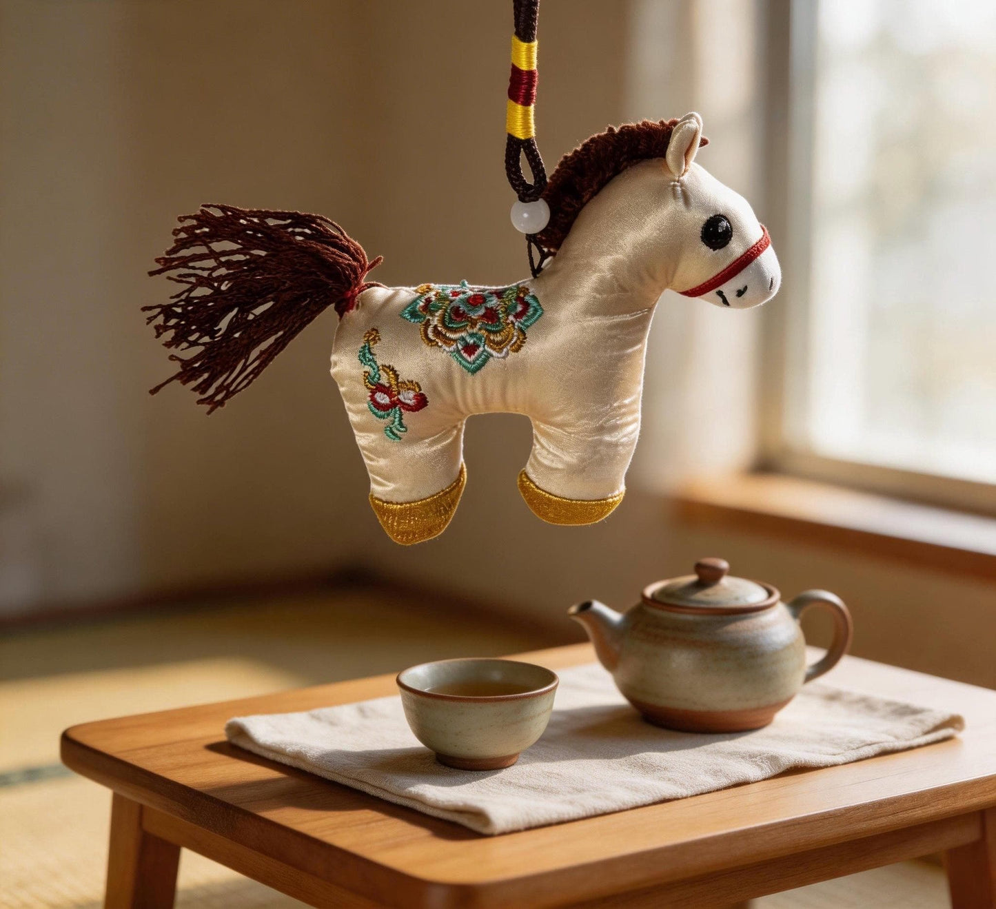 Lucky Horse Charm (Ivory) – Kyoto Inspired Handmade Amulet – Symbol of Safe Journey, Protection and Gentle Strength – Hand-Embroidered Traditional Japanese Craft