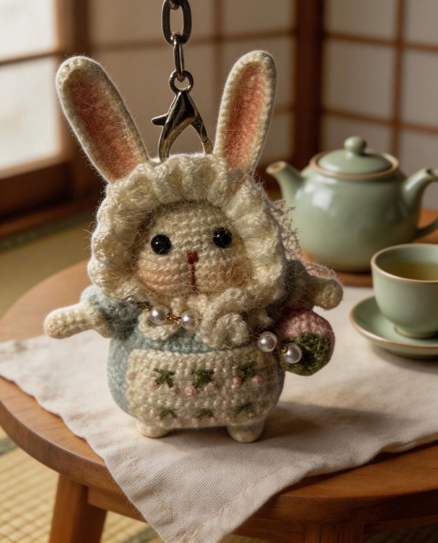 Moon Rabbit Lucky Charm – Kyoto Inspired Handmade Amigurumi – Symbol of Peace, Protection and Gentle Luck – One of a Kind Artisan Crochet Piece