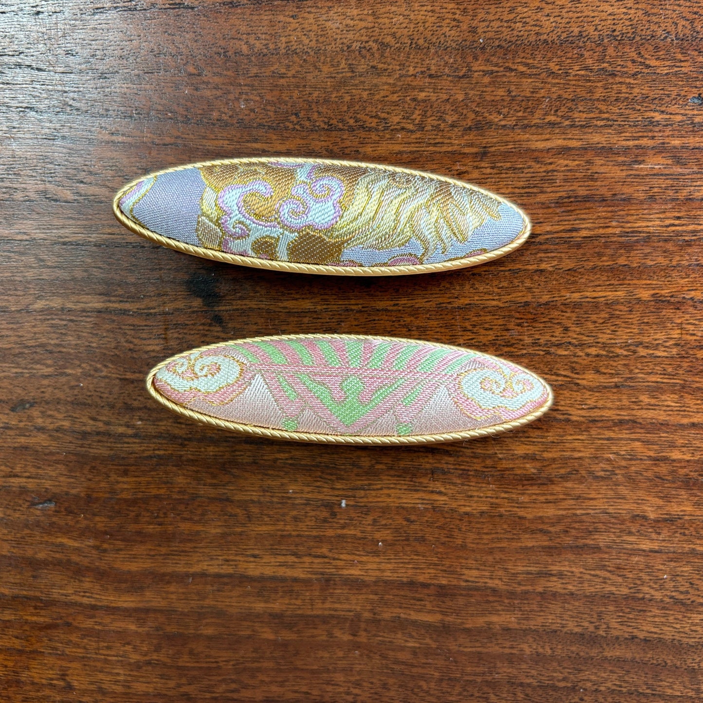 JOFAE Kyoto handmade slim brocade hair clip with modern oriental design, featuring intricate fabric patterns and a sleek finish.