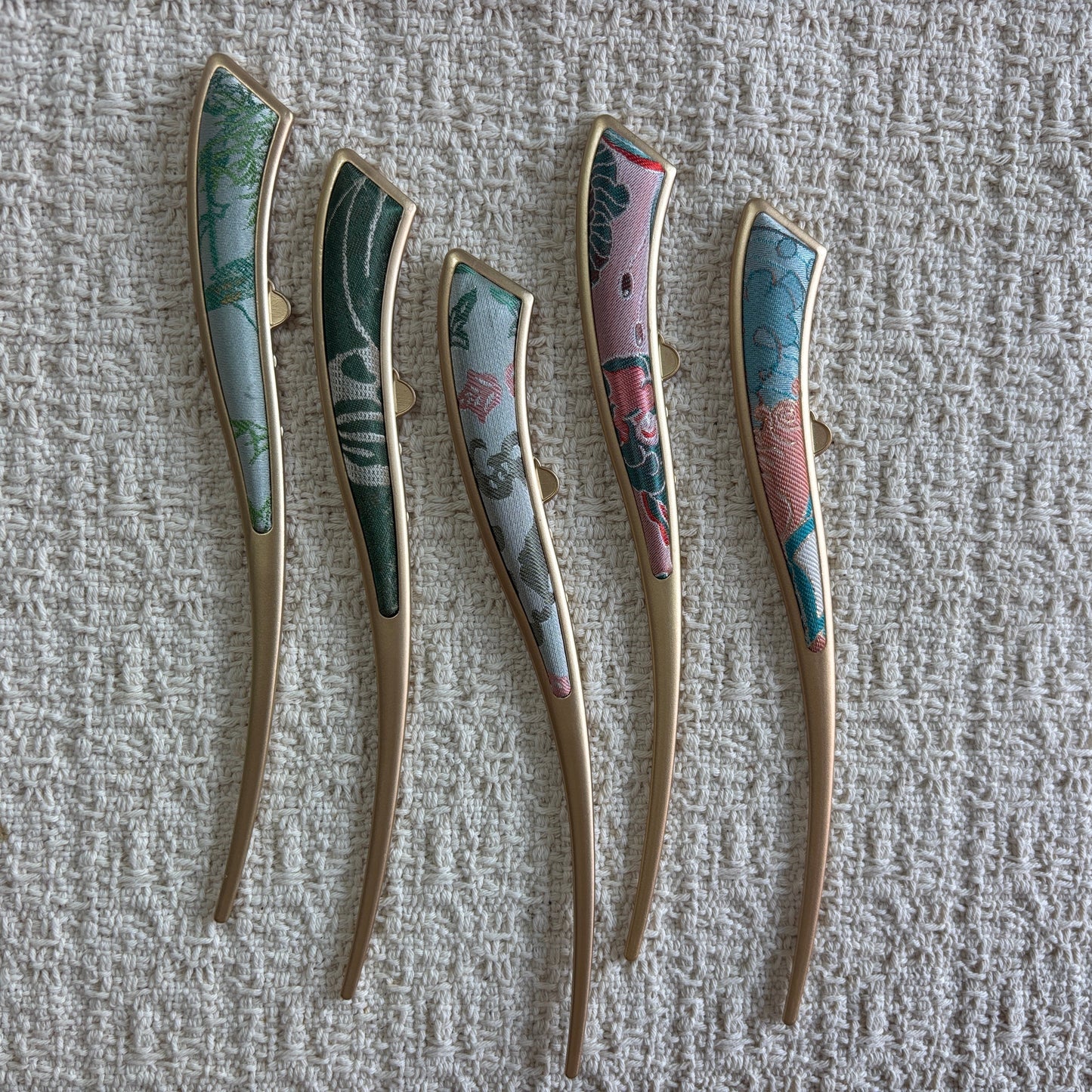 JOFAE Kyoto handmade silk brocade crescent hair pin with intricate pattern, elegant accessory for everyday wear.