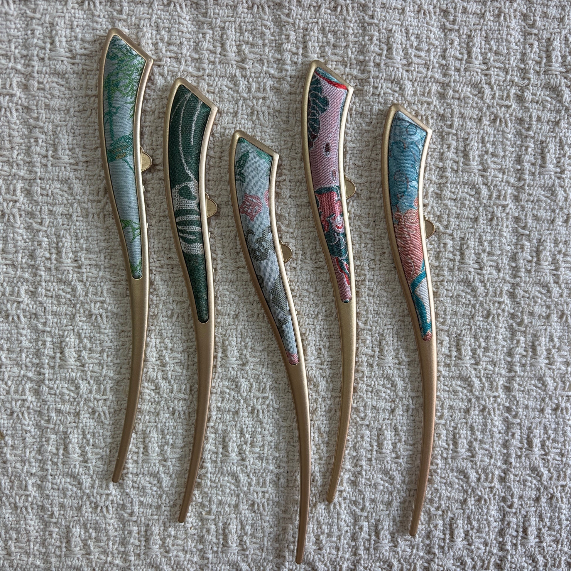 JOFAE Kyoto handmade silk brocade crescent hair pin with intricate pattern, elegant accessory for everyday wear.