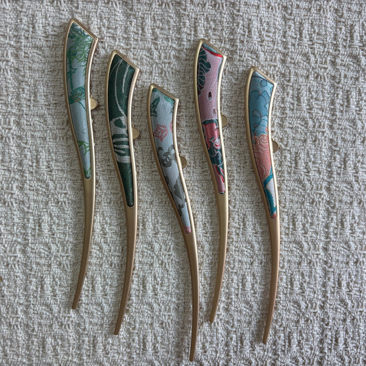 JOFAE Kyoto handmade silk brocade crescent hair pin with intricate pattern, elegant accessory for everyday wear.