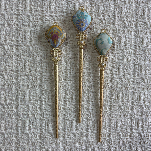 JOFAE Kyoto Lotus Lantern Hair Stick with traditional brocade design inspired by Chinese palace lanterns and floral art.