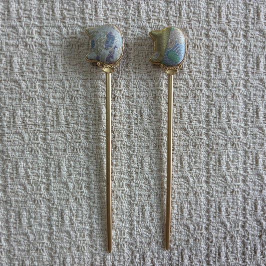 JOFAE Kyoto Lucky Cat hair stick with traditional brocade fabric, Japanese-inspired feline-themed hairpin accessory.
