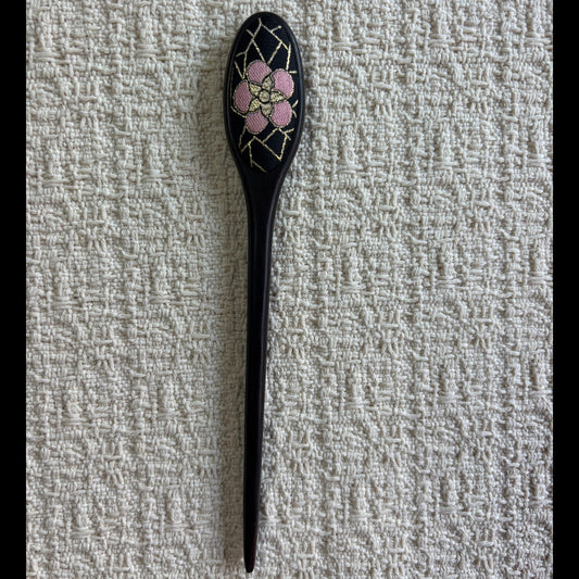 JOFAE Kyoto Sakura Blossom wooden hair stick with ebony black finish and floral brocade design for elegant traditional hairstyle accessories.