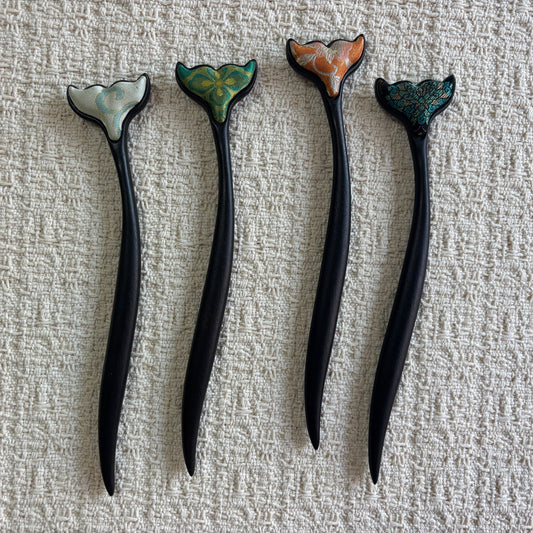 JOFAE Kyoto whale tail wooden hair stick with ocean-inspired brocade design, traditional Japanese hair accessory.