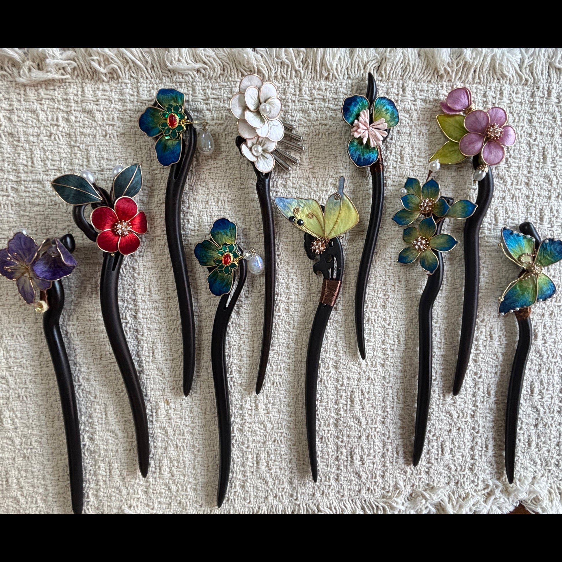 Handmade floral wooden hair stick by JOFAE Kyoto, elegant Japanese Kanzashi hair accessory with intricate floral design.