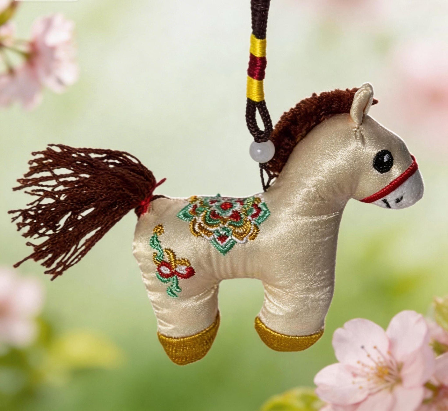 Lucky Horse Charm (Ivory) – Kyoto Inspired Handmade Amulet – Symbol of Safe Journey, Protection and Gentle Strength – Hand-Embroidered Traditional Japanese Craft