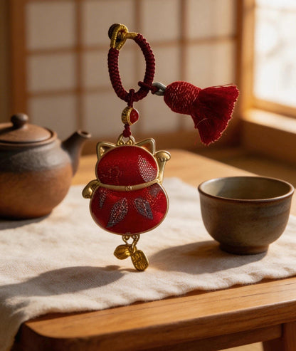 Maneki Neko Lucky Charm (Red) – Kyoto Inspired Handmade Amulet – Symbol of Wealth, Prosperity and Good Fortune – Traditional Japanese Artisan Craft