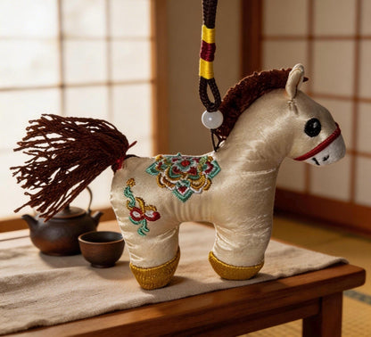 Lucky Horse Charm (Ivory) – Kyoto Inspired Handmade Amulet – Symbol of Safe Journey, Protection and Gentle Strength – Hand-Embroidered Traditional Japanese Craft