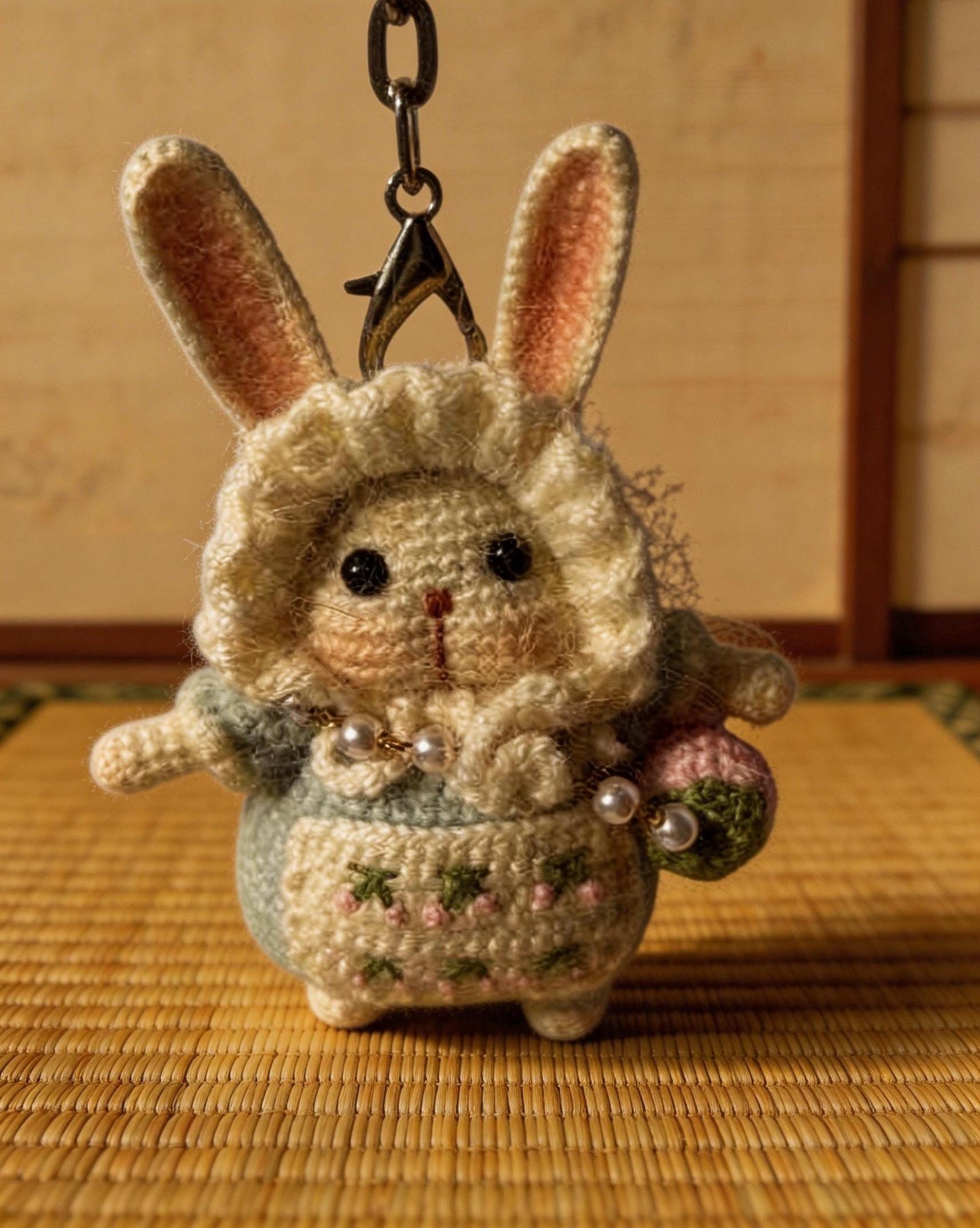 Moon Rabbit Lucky Charm – Kyoto Inspired Handmade Amigurumi – Symbol of Peace, Protection and Gentle Luck – One of a Kind Artisan Crochet Piece