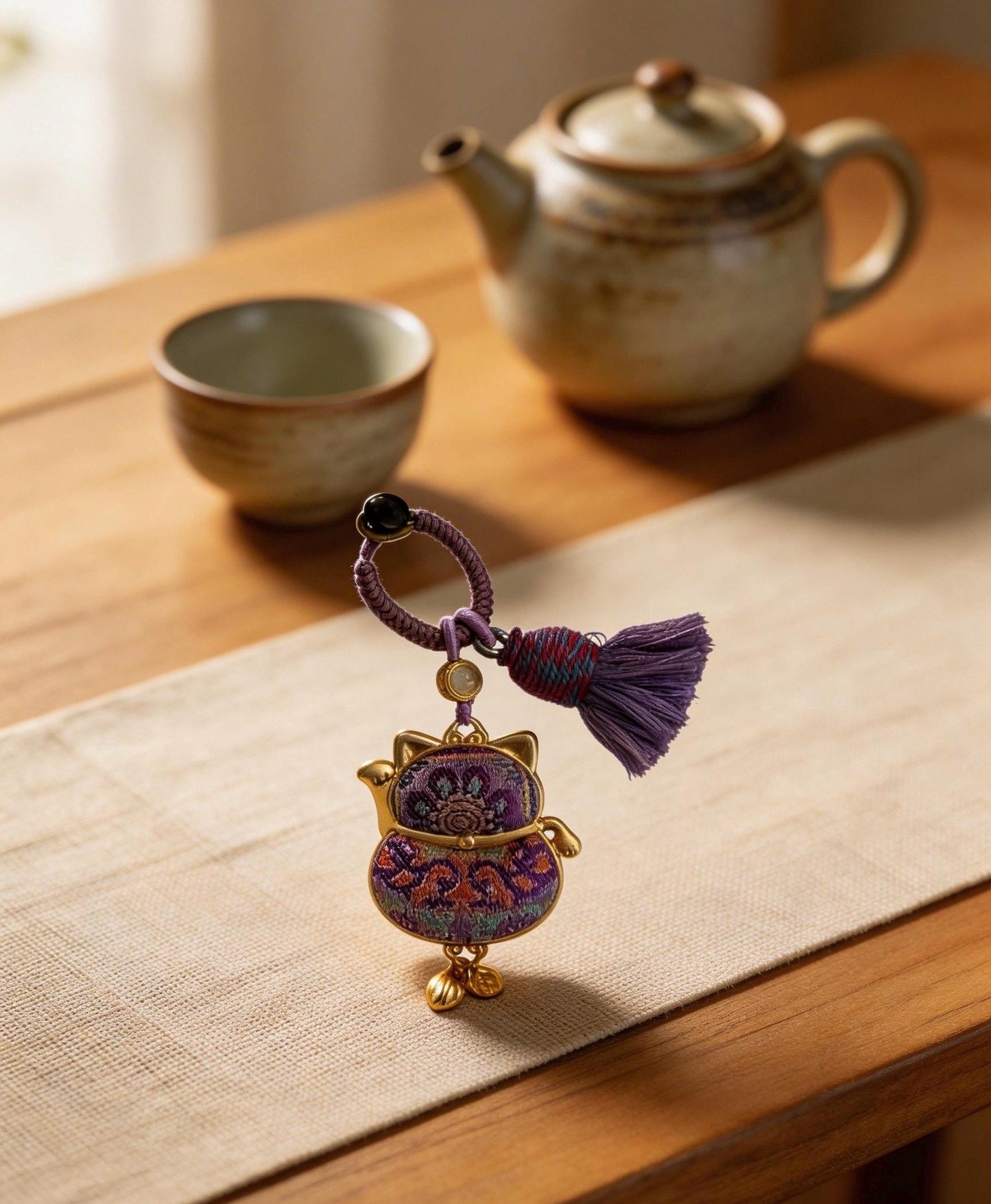 Maneki Neko Lucky Charm (Purple) – Kyoto Inspired Handmade Amulet – Symbol of Protection, Wisdom and Inner Balance – Artisan Japanese Craft