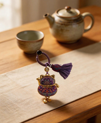 Maneki Neko Lucky Charm (Purple) – Kyoto Inspired Handmade Amulet – Symbol of Protection, Wisdom and Inner Balance – Artisan Japanese Craft